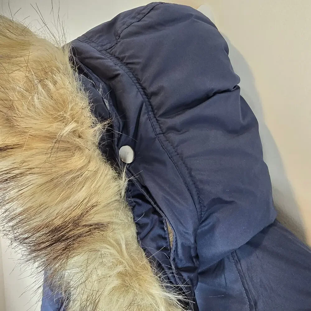 J.Crew Crewcuts Kids Fishtail Parka Size S/6 Navy Blue Faux Fur Winter Coat Hood